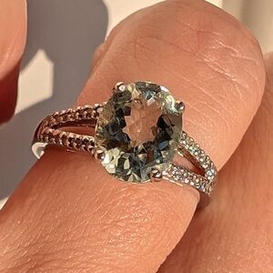 Green amethyst, white gold, diamond ring